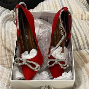 Red Satin Women's Heels with Rhinestone , Lintervalle size 38 (7)